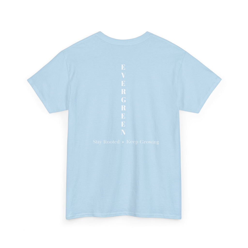 Evergreen Minimalist Tee — small chest logo & vertical back text