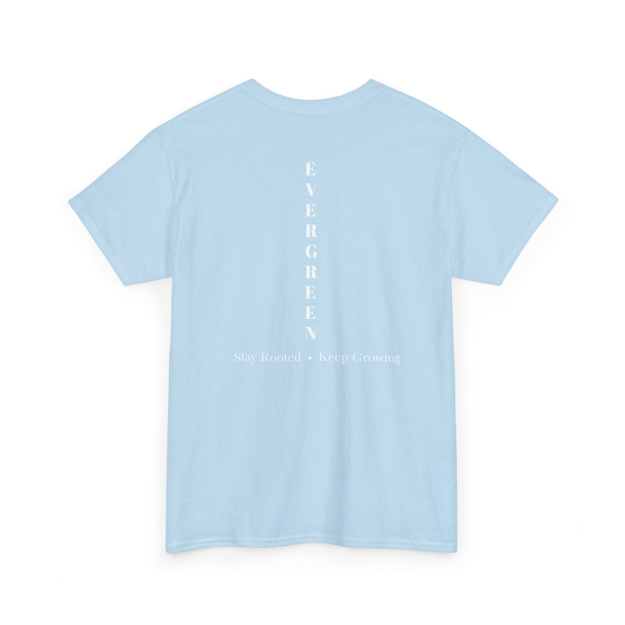 Evergreen Minimalist Tee — small chest logo & vertical back text