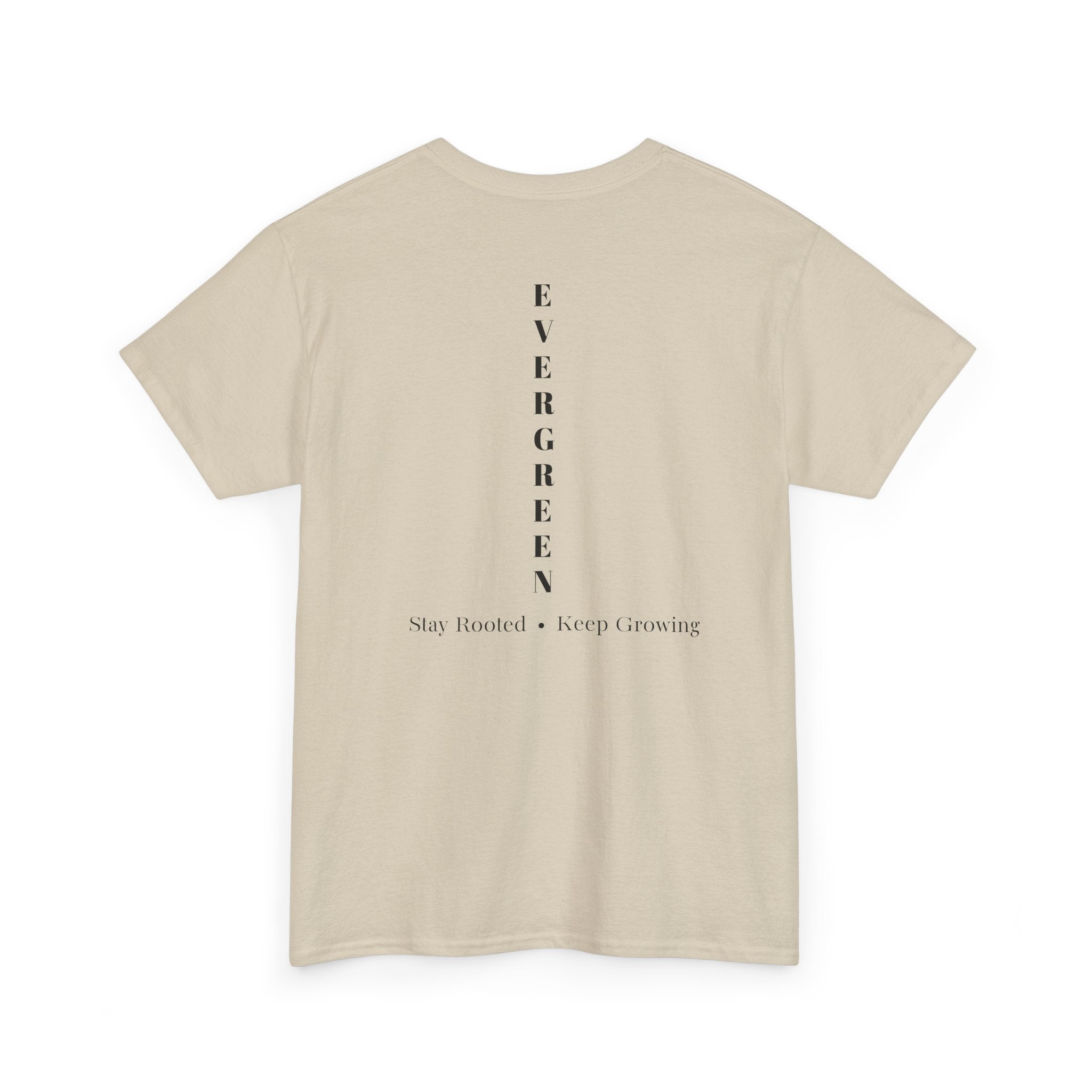 Evergreen Minimalist Tee — small chest logo & vertical back text