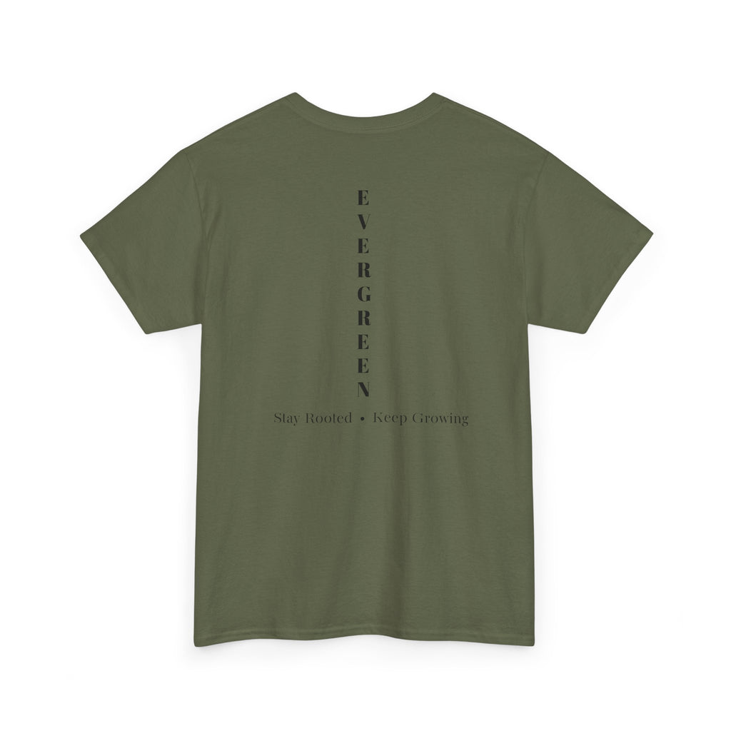 Evergreen Minimalist Tee — small chest logo & vertical back text