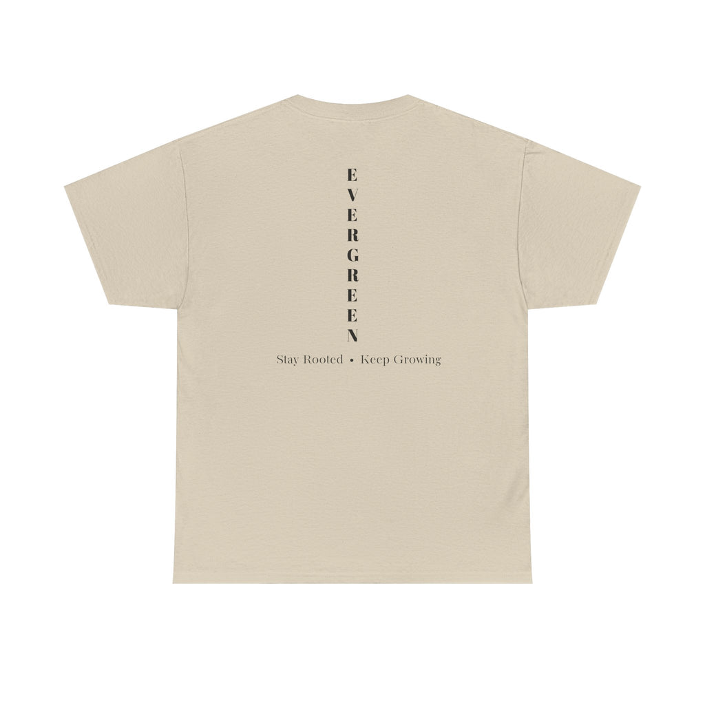 Evergreen Minimalist Tee — small chest logo & vertical back text