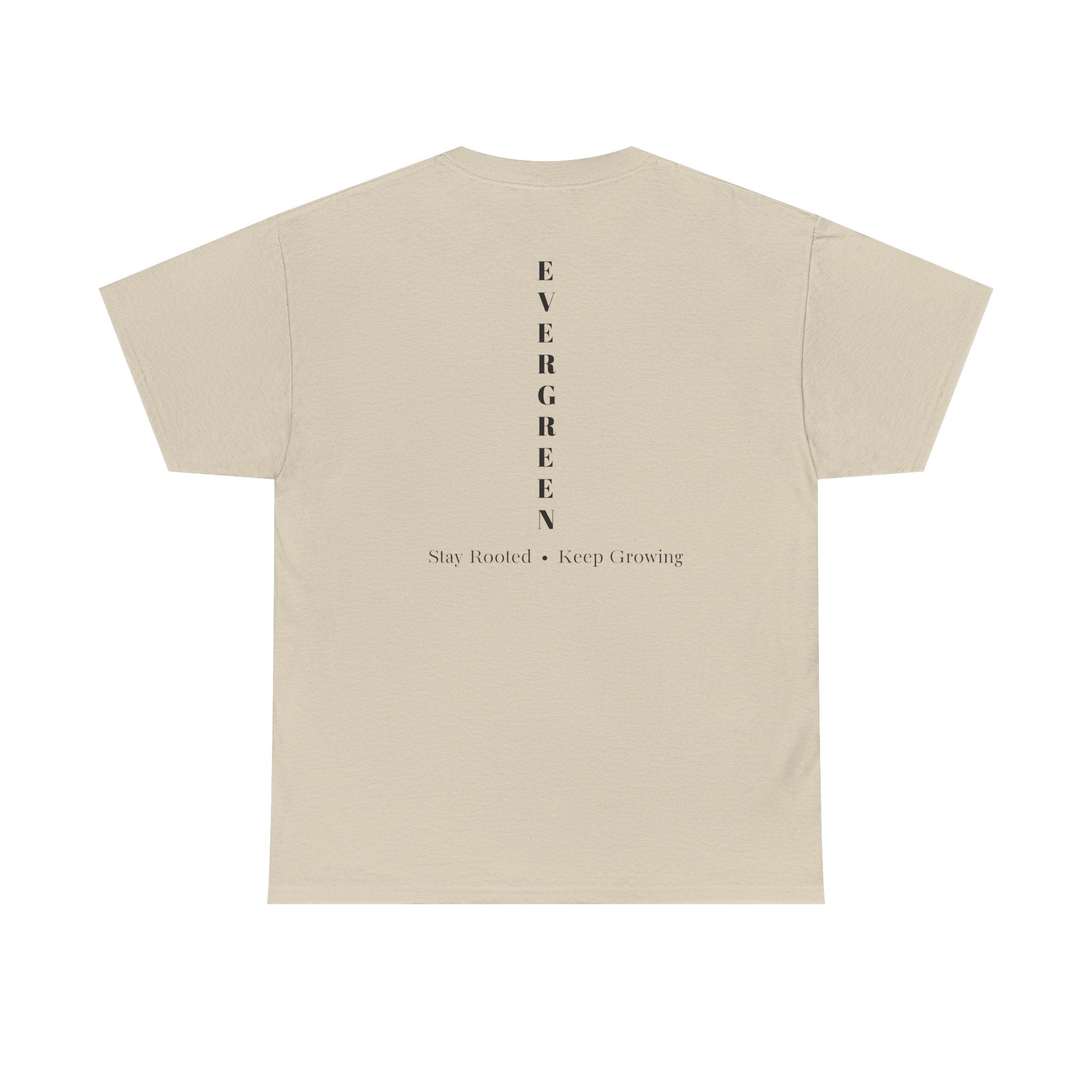 Evergreen Minimalist Tee — small chest logo & vertical back text