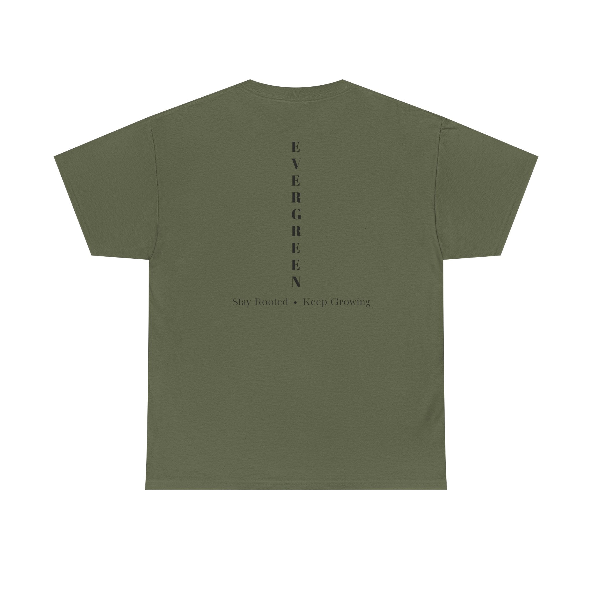 Evergreen Minimalist Tee — small chest logo & vertical back text