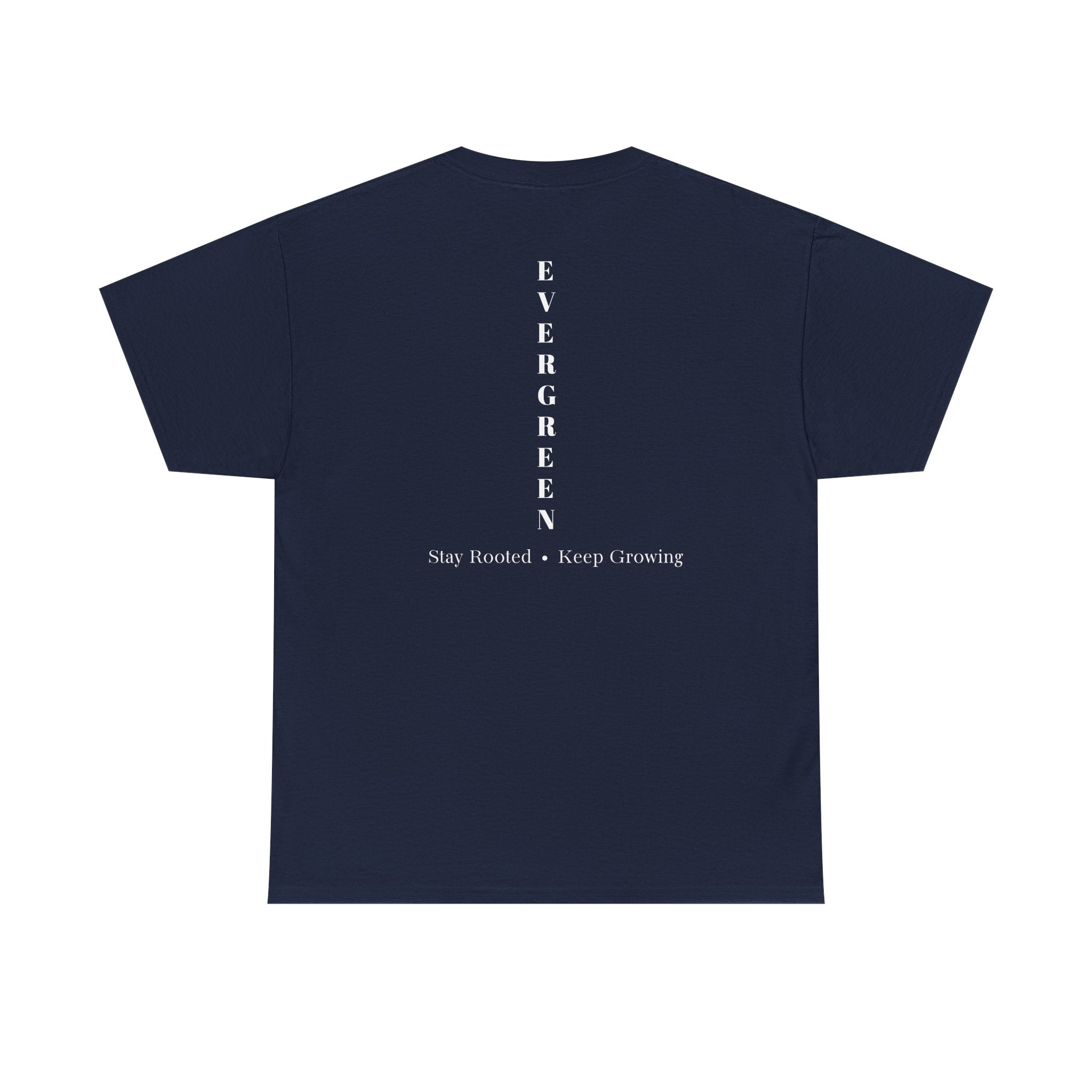 Evergreen Minimalist Tee — small chest logo & vertical back text
