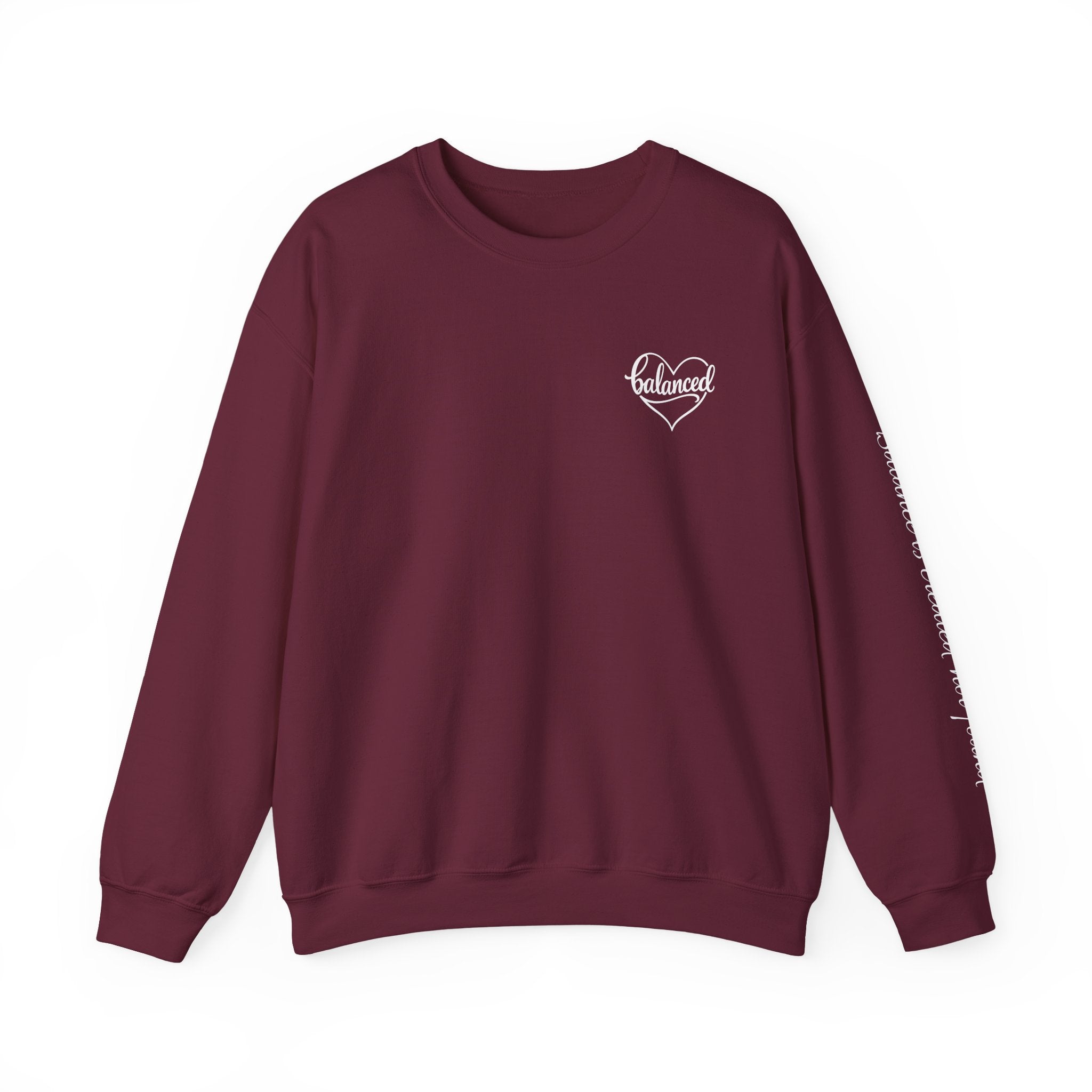 Crewneck Sweatshirt — 'Balanced' Heart Logo Casual Pullover with Script Sleeve