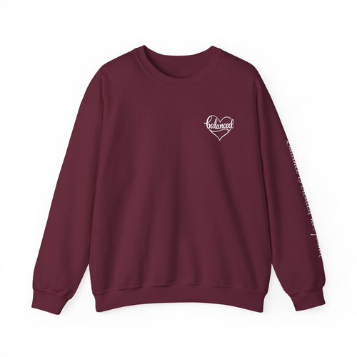 Crewneck Sweatshirt — 'Balanced' Heart Logo Casual Pullover with Script Sleeve
