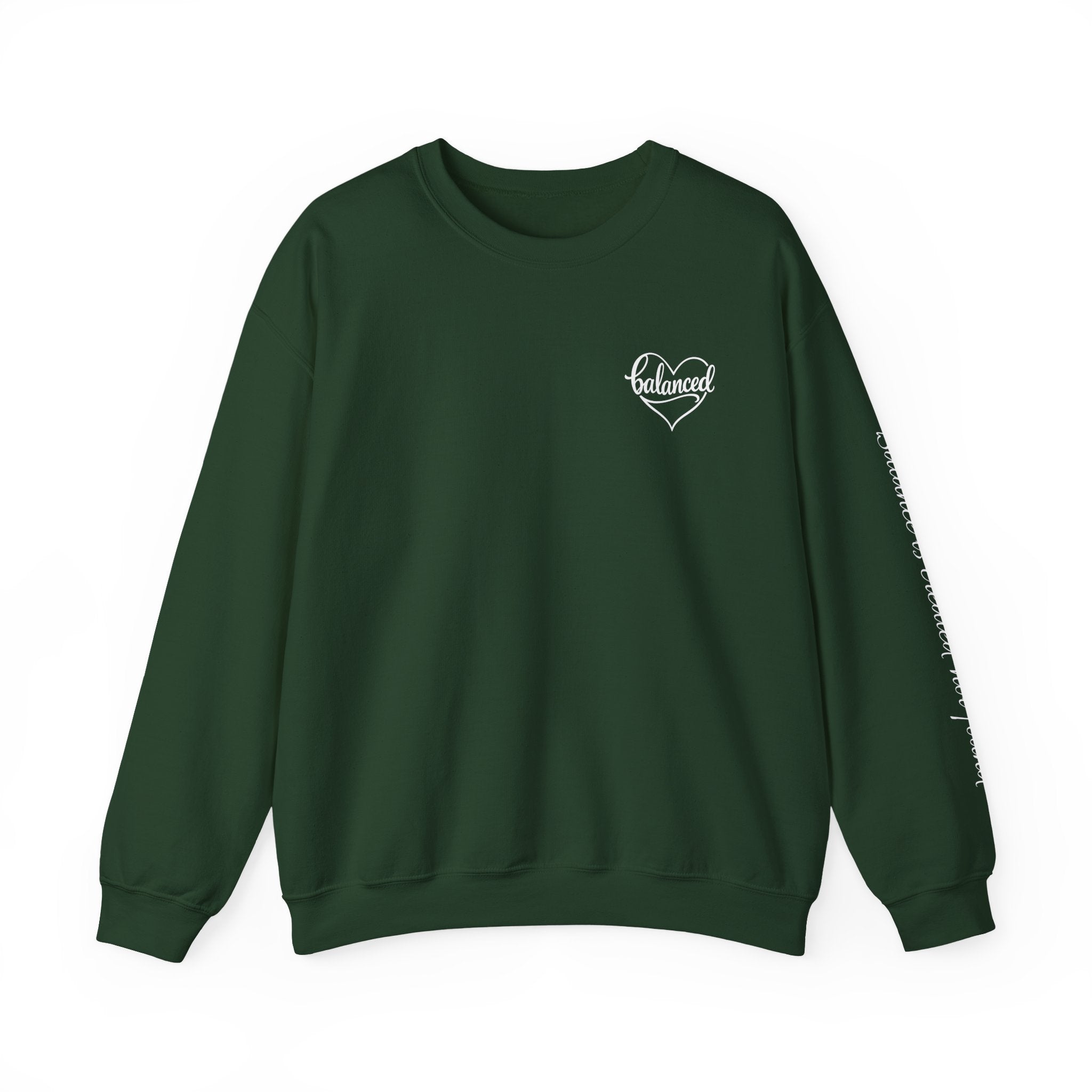 Crewneck Sweatshirt — 'Balanced' Heart Logo Casual Pullover with Script Sleeve