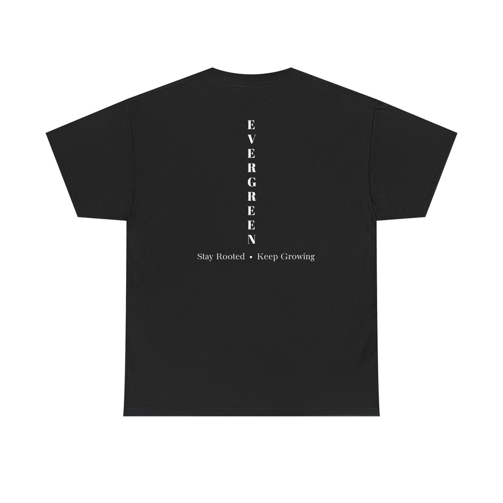 Evergreen Minimalist Tee — small chest logo & vertical back text