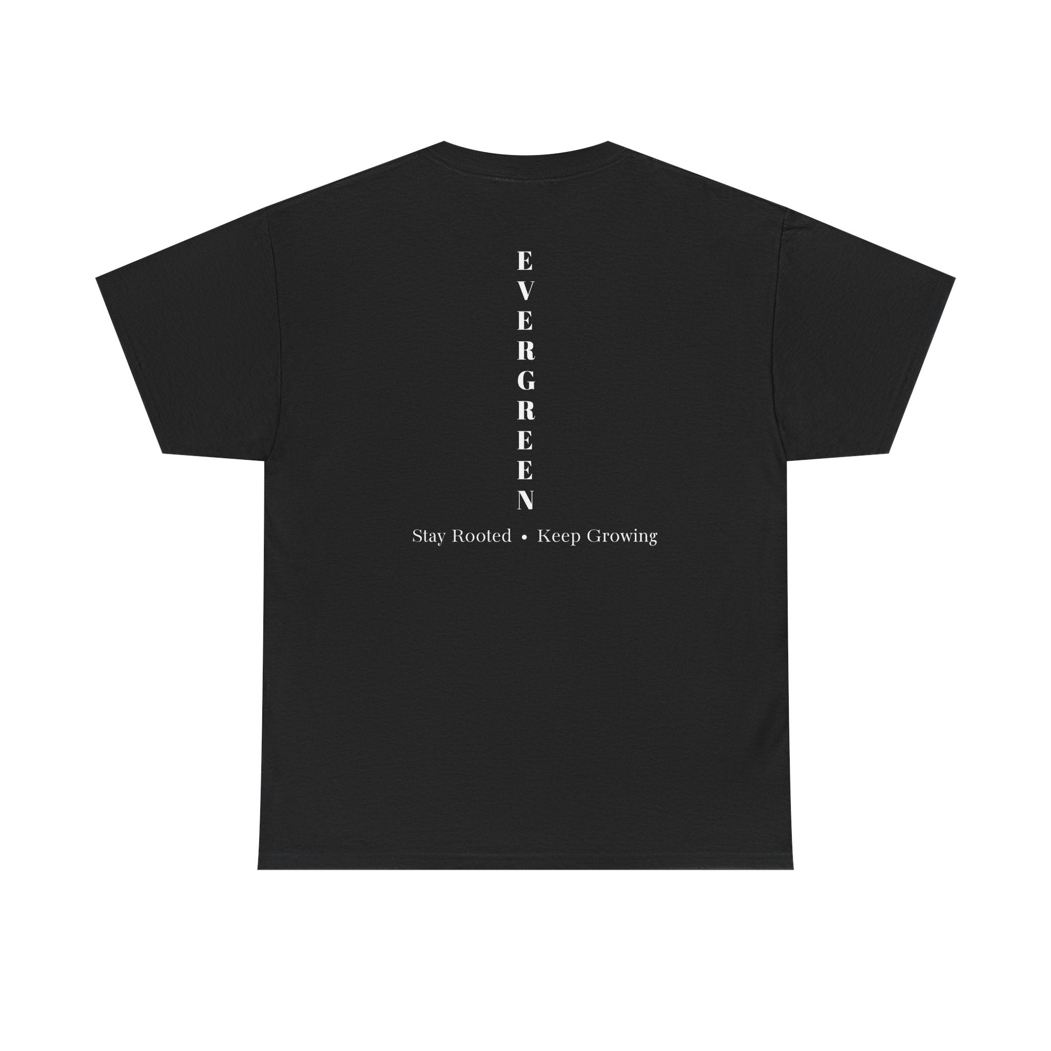 Evergreen Minimalist Tee — small chest logo & vertical back text