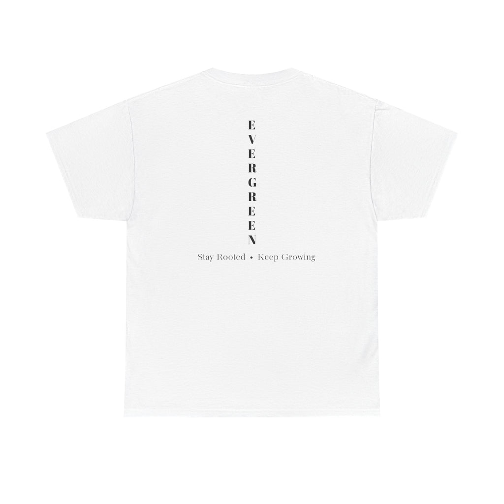 Evergreen Minimalist Tee — small chest logo & vertical back text