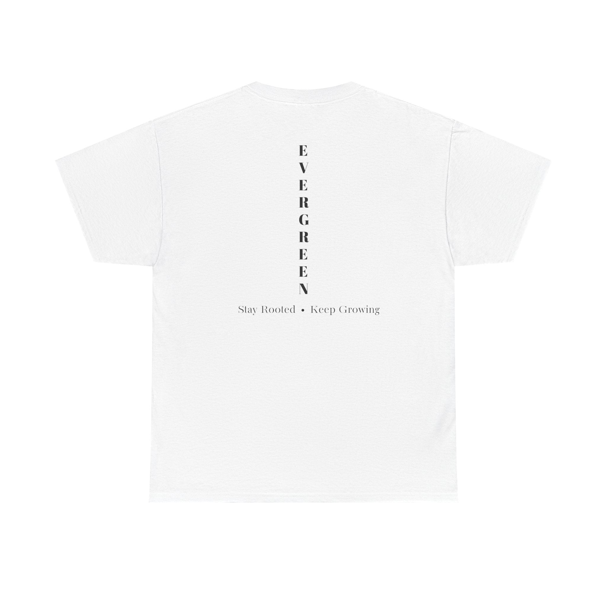 Evergreen Minimalist Tee — small chest logo & vertical back text