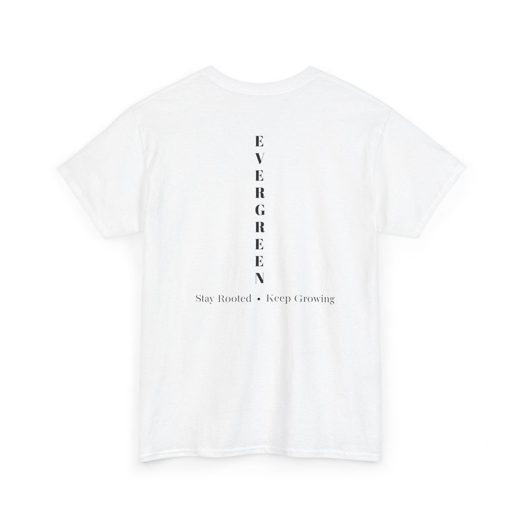 Evergreen Minimalist Tee — small chest logo & vertical back text