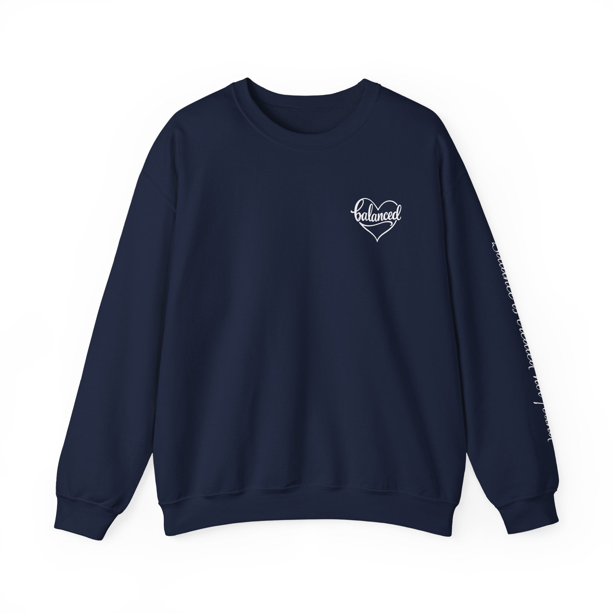 Crewneck Sweatshirt — 'Balanced' Heart Logo Casual Pullover with Script Sleeve