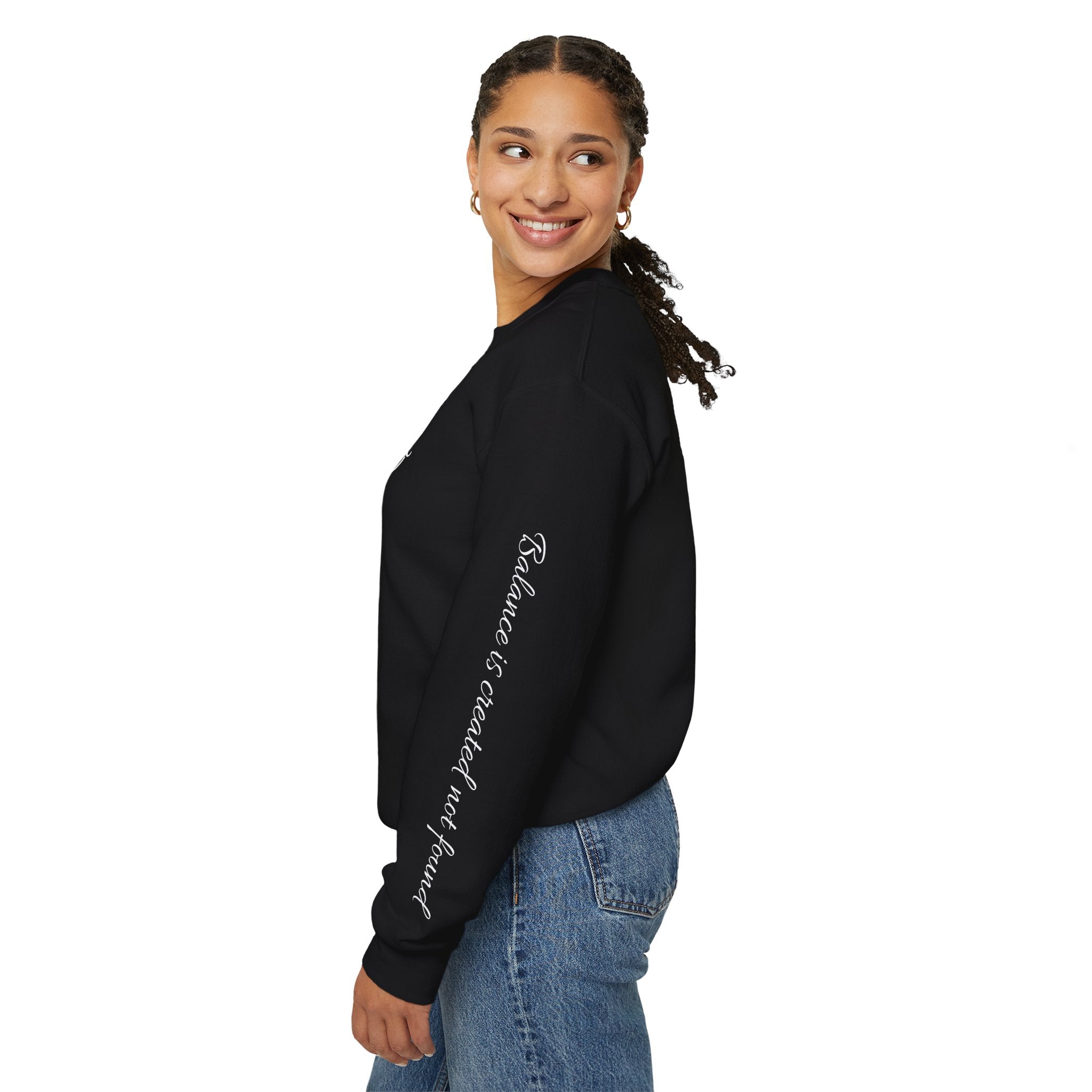 Crewneck Sweatshirt — 'Balanced' Heart Logo Casual Pullover with Script Sleeve
