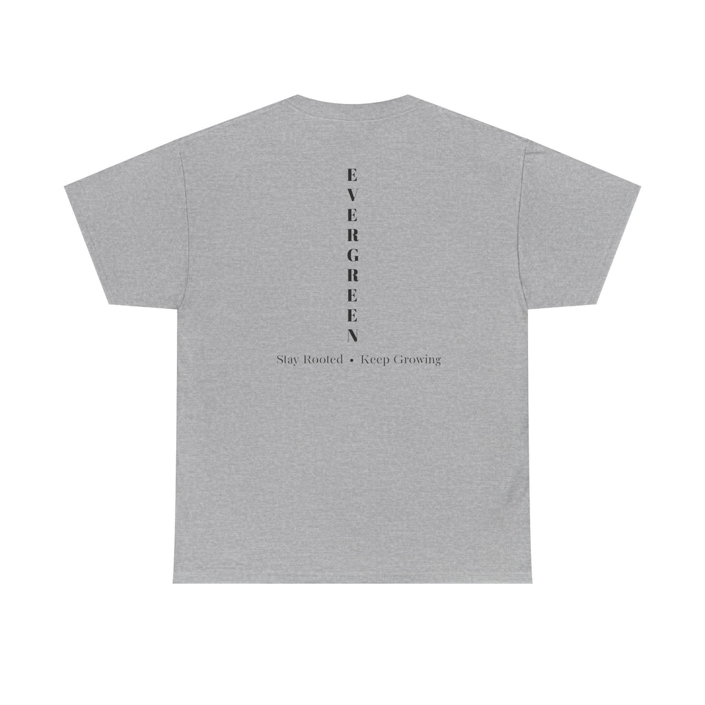 Evergreen Minimalist Tee — small chest logo & vertical back text
