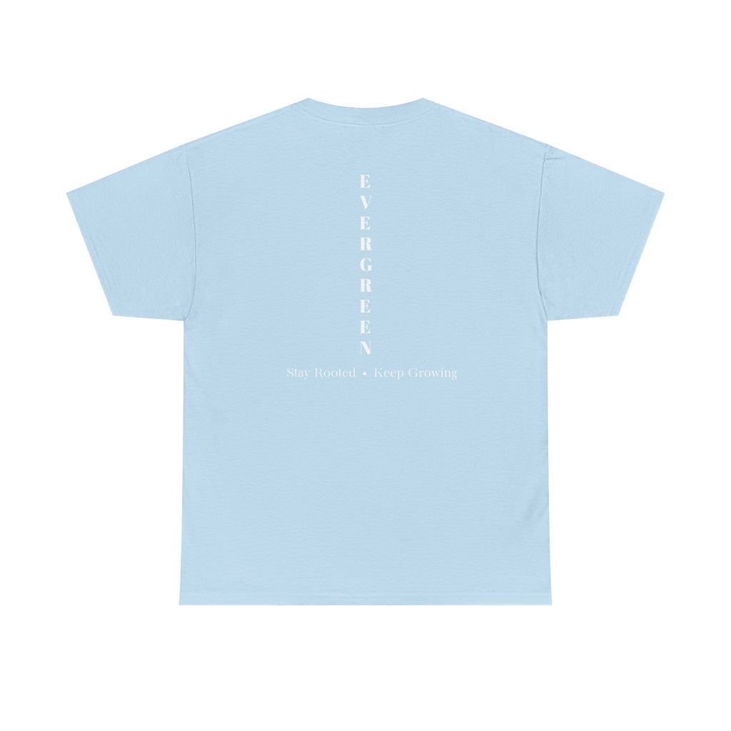 Evergreen Minimalist Tee — small chest logo & vertical back text