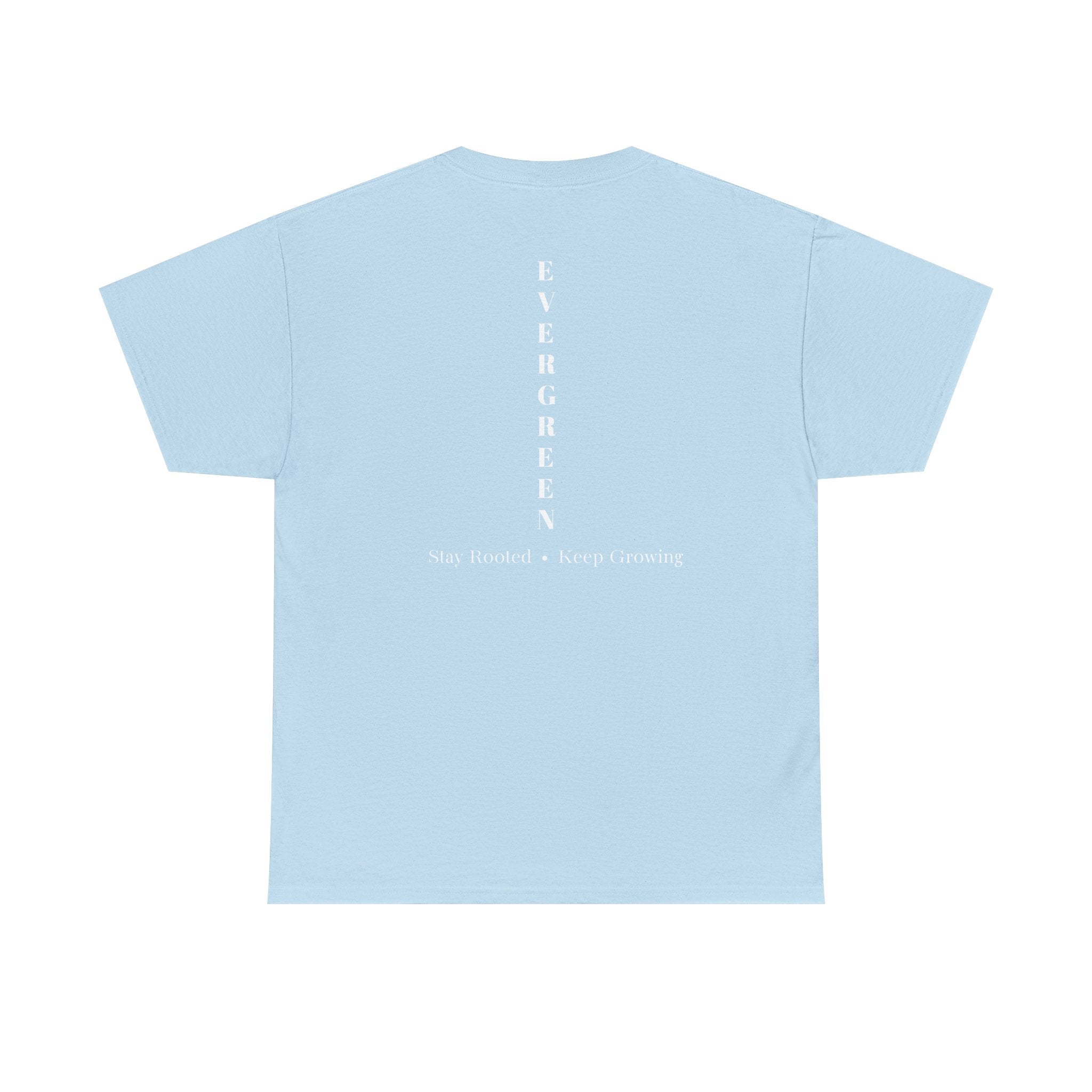 Evergreen Minimalist Tee — small chest logo & vertical back text