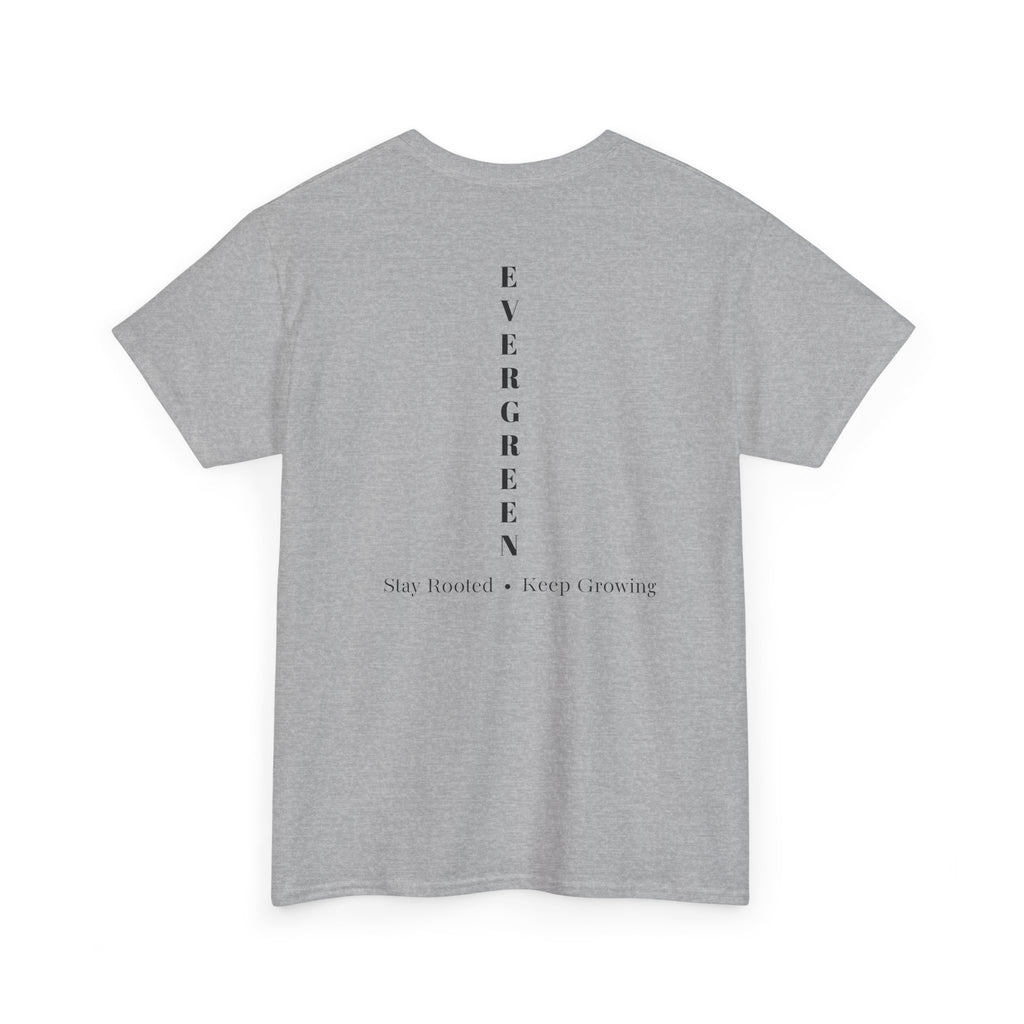 Evergreen Minimalist Tee — small chest logo & vertical back text