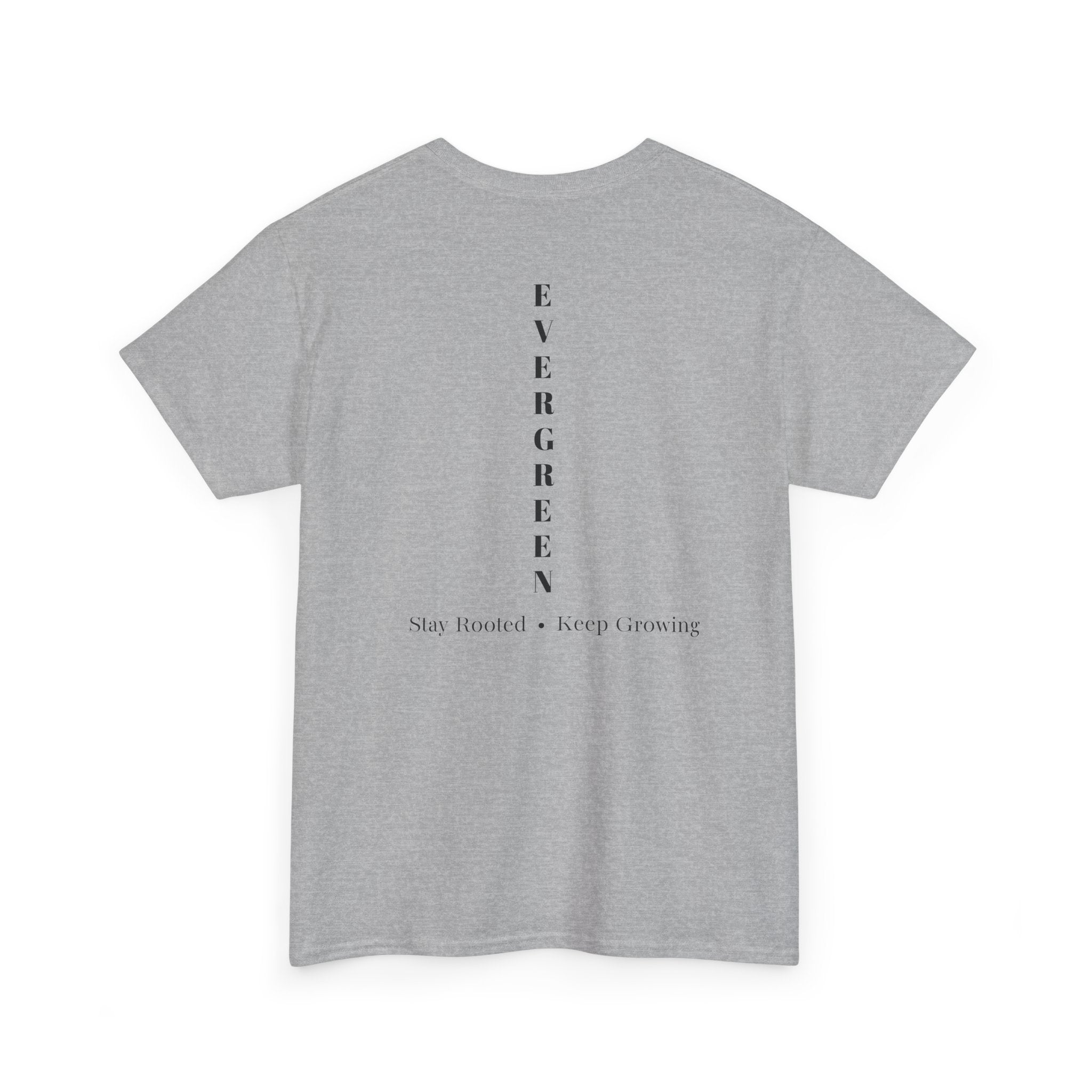 Evergreen Minimalist Tee — small chest logo & vertical back text